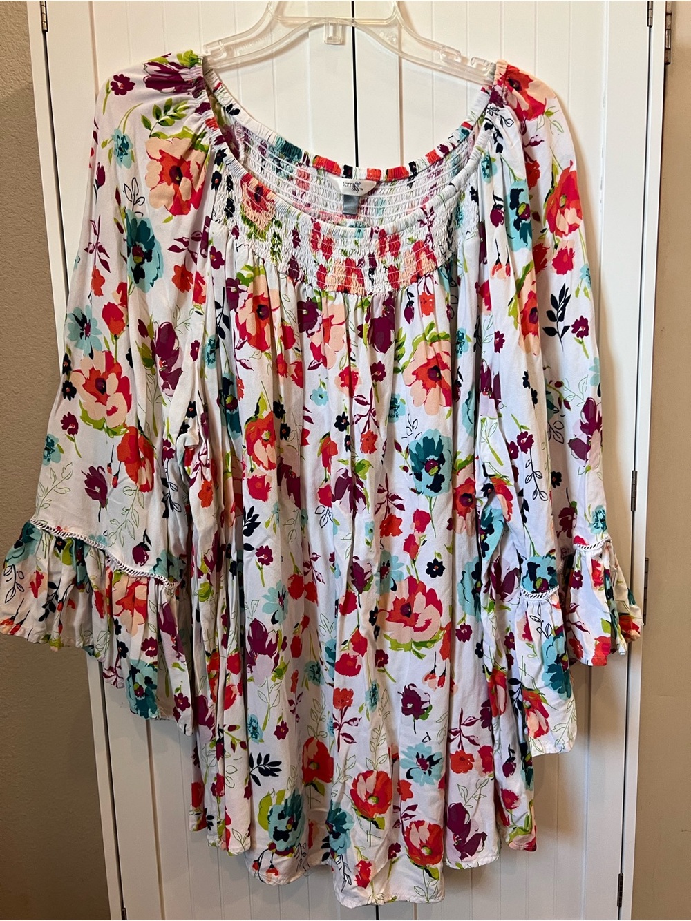 Terra & Sky White Floral Off-Shoulder Tunic with Multi-Color Blooms